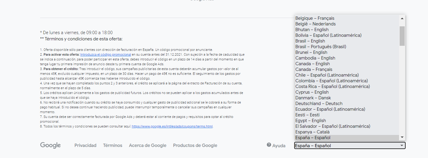 Seleccionando el país mediante la lista desplegable