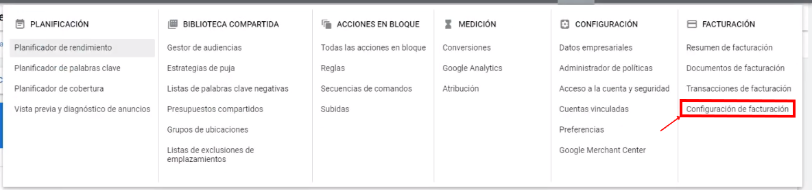 Seleccionar la configuración de facturación