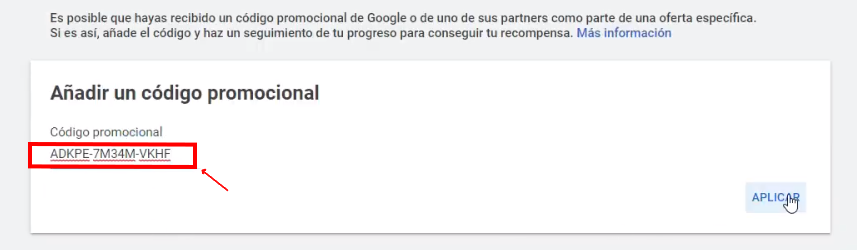 Aplicar código promocional Google Ads