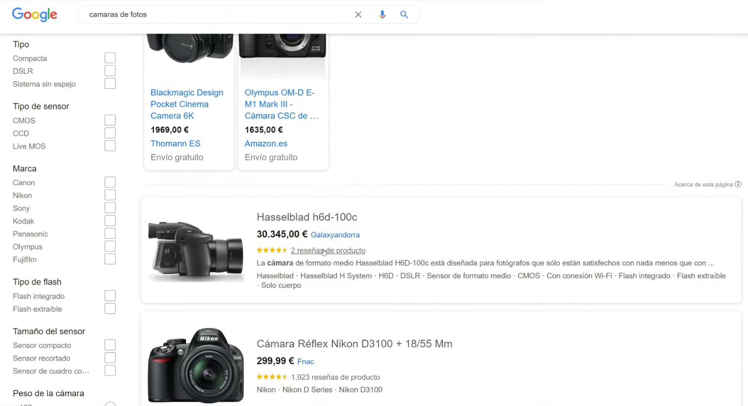 Secciones de Google Shopping