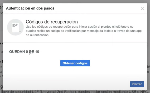 Verificación en dos pasos - Códigos de recuperación.