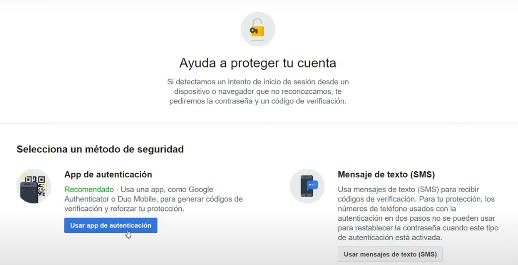 Autenticación en dos pasos de Facebook - Seleccionar método de seguridad.