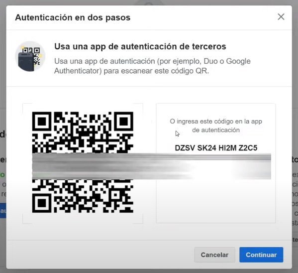 Autenticación en dos pasos de Facebook -Escaneo de código con la app.