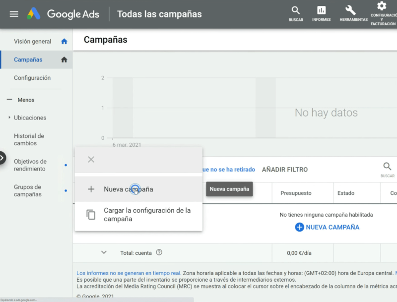 Crear nueva campaña Google