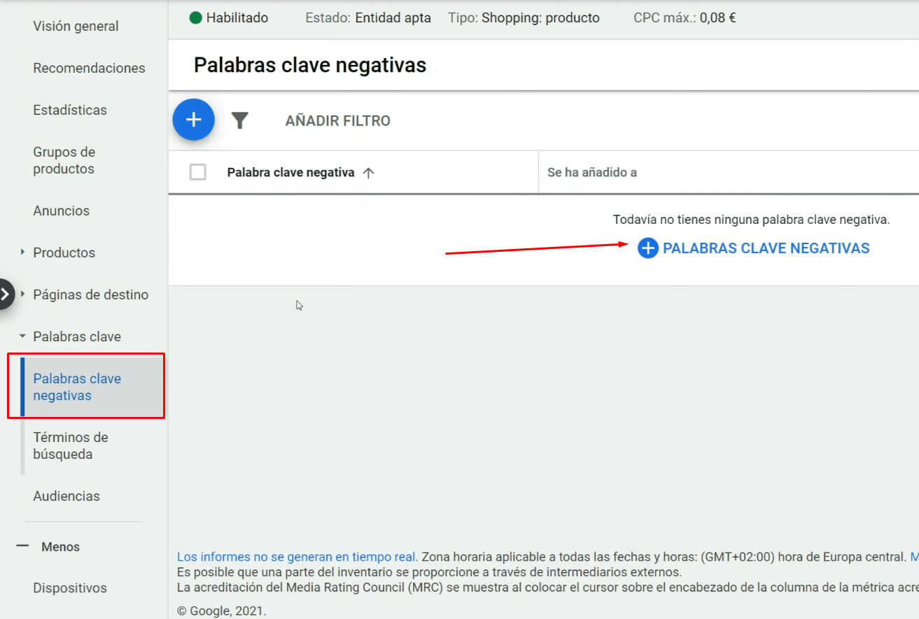 Palabras clave negativas Google Shopping