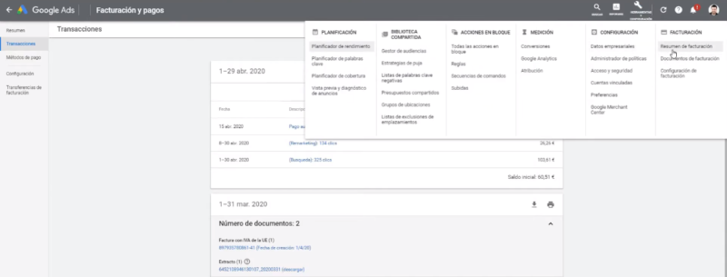 Acceder a la sección de facturación de Google Ads