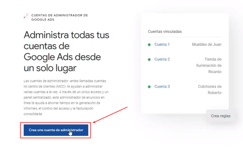 Crear cuenta administrador Google Ads