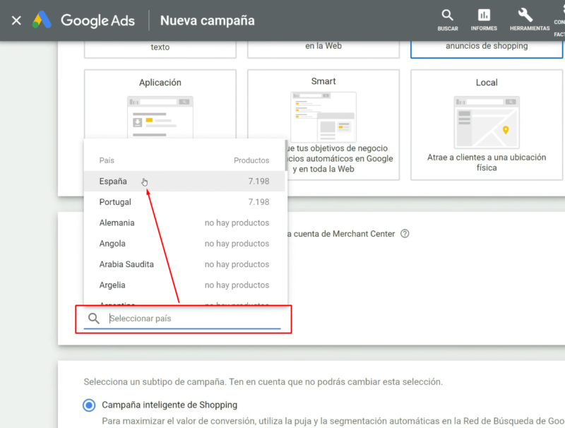 País de venta Google Shopping