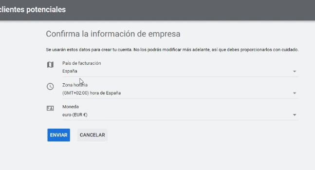 Seleccionar zona horaria, divisa y país Google Ads