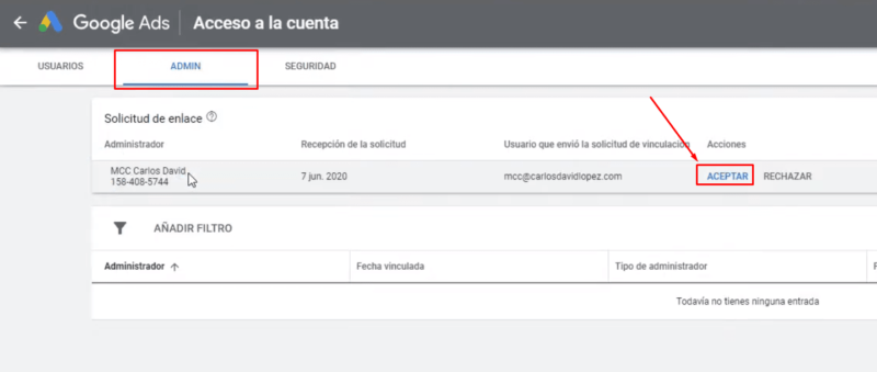 Aceptar vinculación cuenta Google Ads con MCC