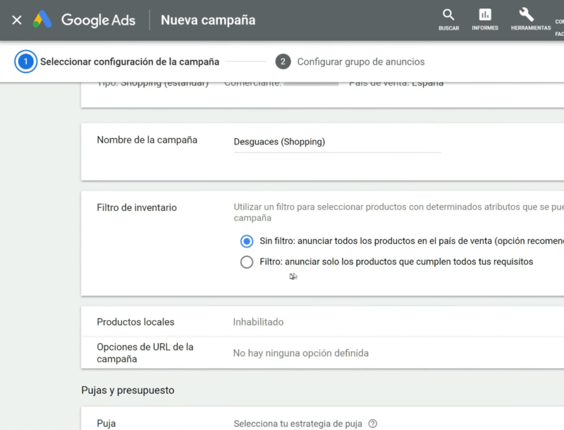 Filtro inventario Google Shopping