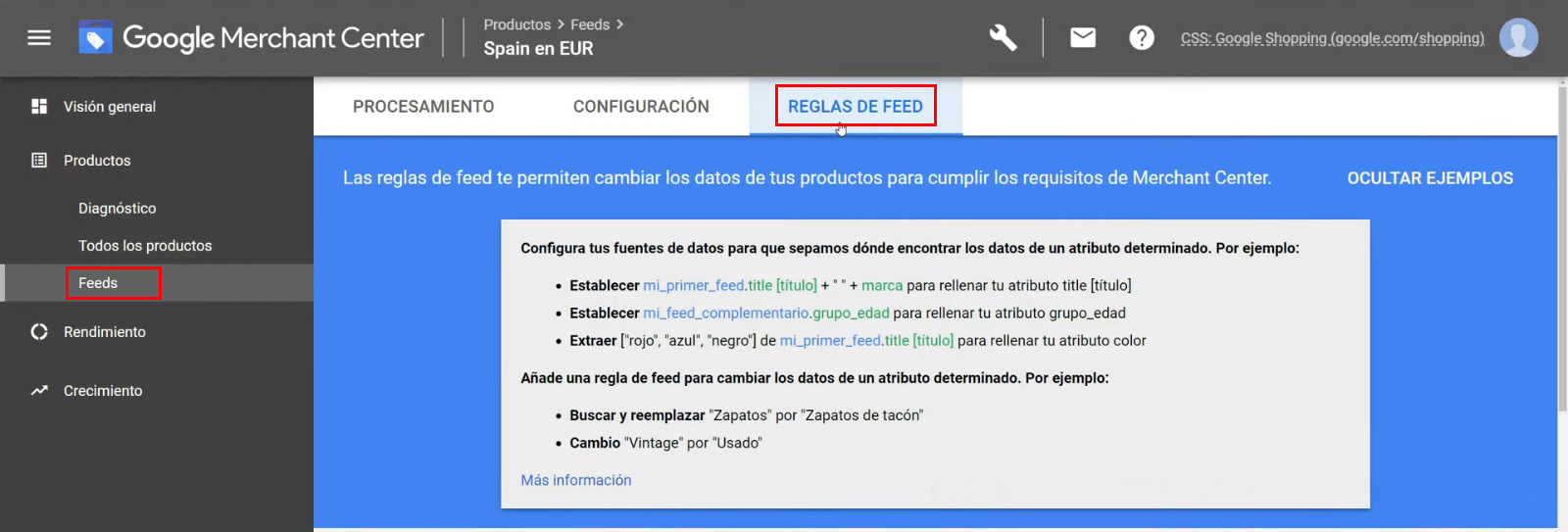 Descripciones google shopping - reglas de atributos del feed de datos.