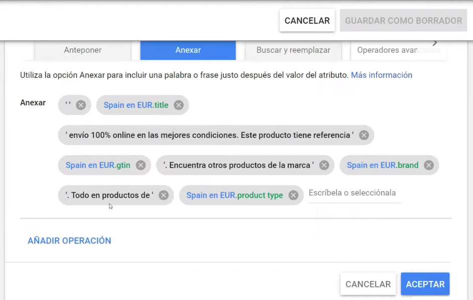 Anexar atributos y textos que amplíen las descripciones google shopping existentes