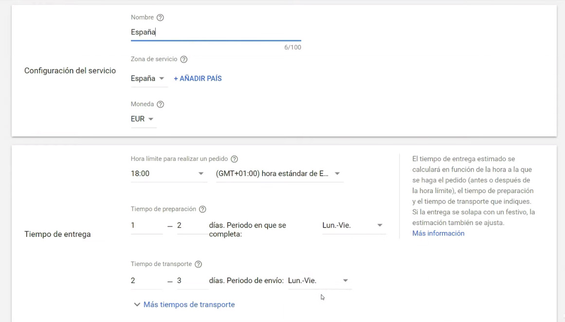 Configuración del servicio de transporte - datos básicos