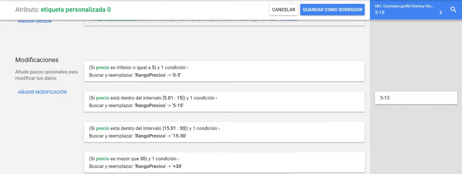 Agrupar productos por rango de precios - resto de rangos