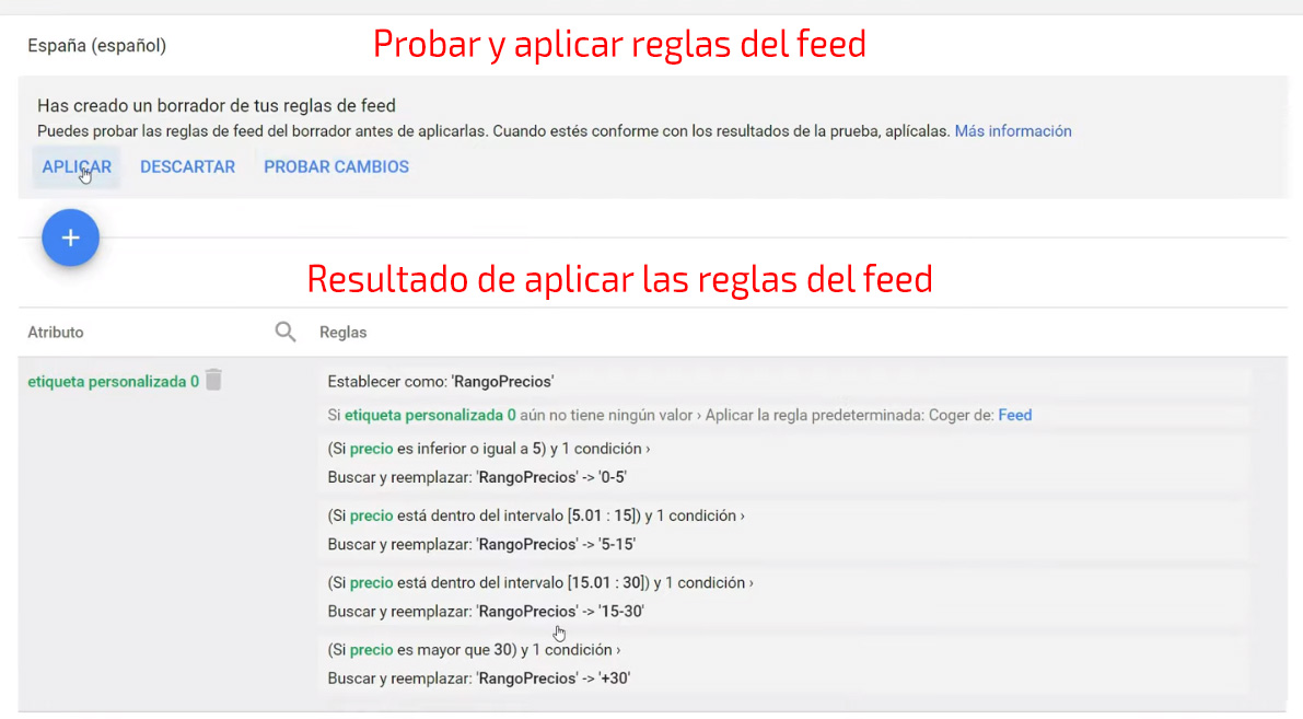 Probar y aplicar las reglas del feed