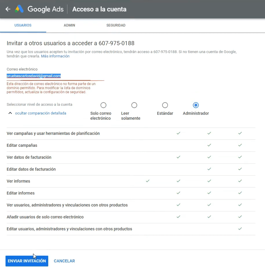 Invitar a usuarios Google Ads