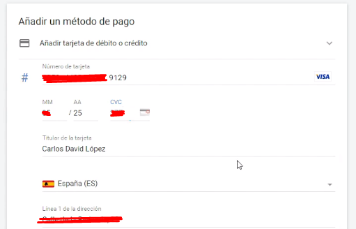 Datos Tarjeta o cuenta bancaria Google Ads