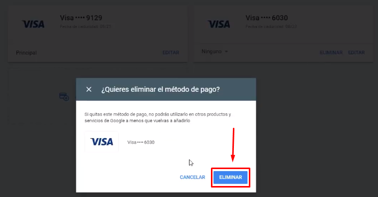 Eliminar método de pago Google Ads