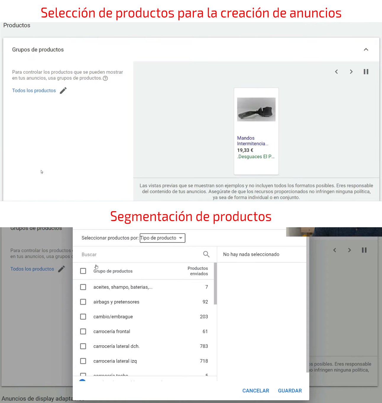 Creación de grupo de anuncios - Selección de productos