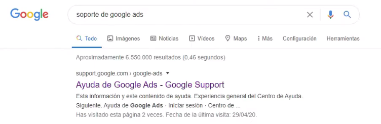 Buscar el acceso al soporte Google Ads