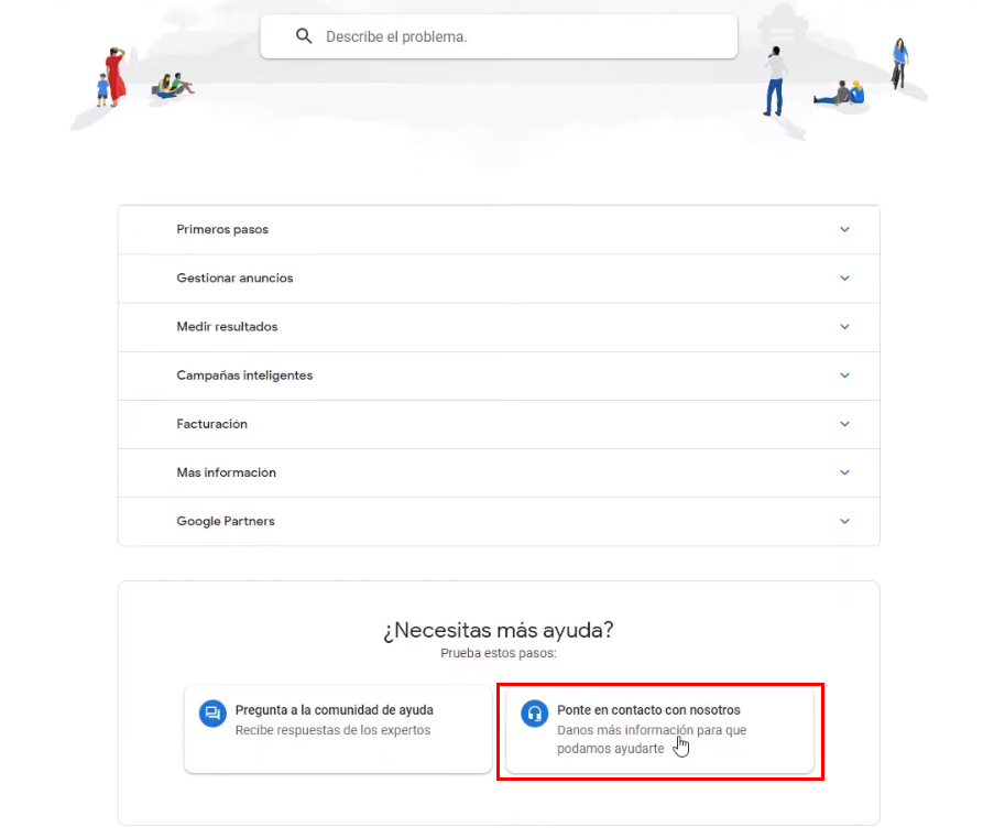 Menú de ayuda genérico del soporte Google Ads