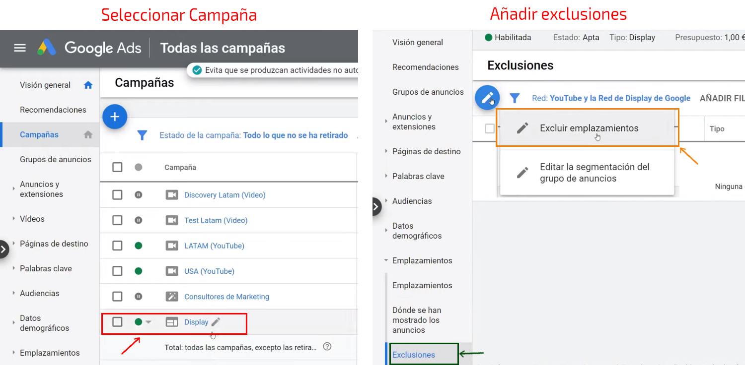 Ruta para excluir emplazamientos