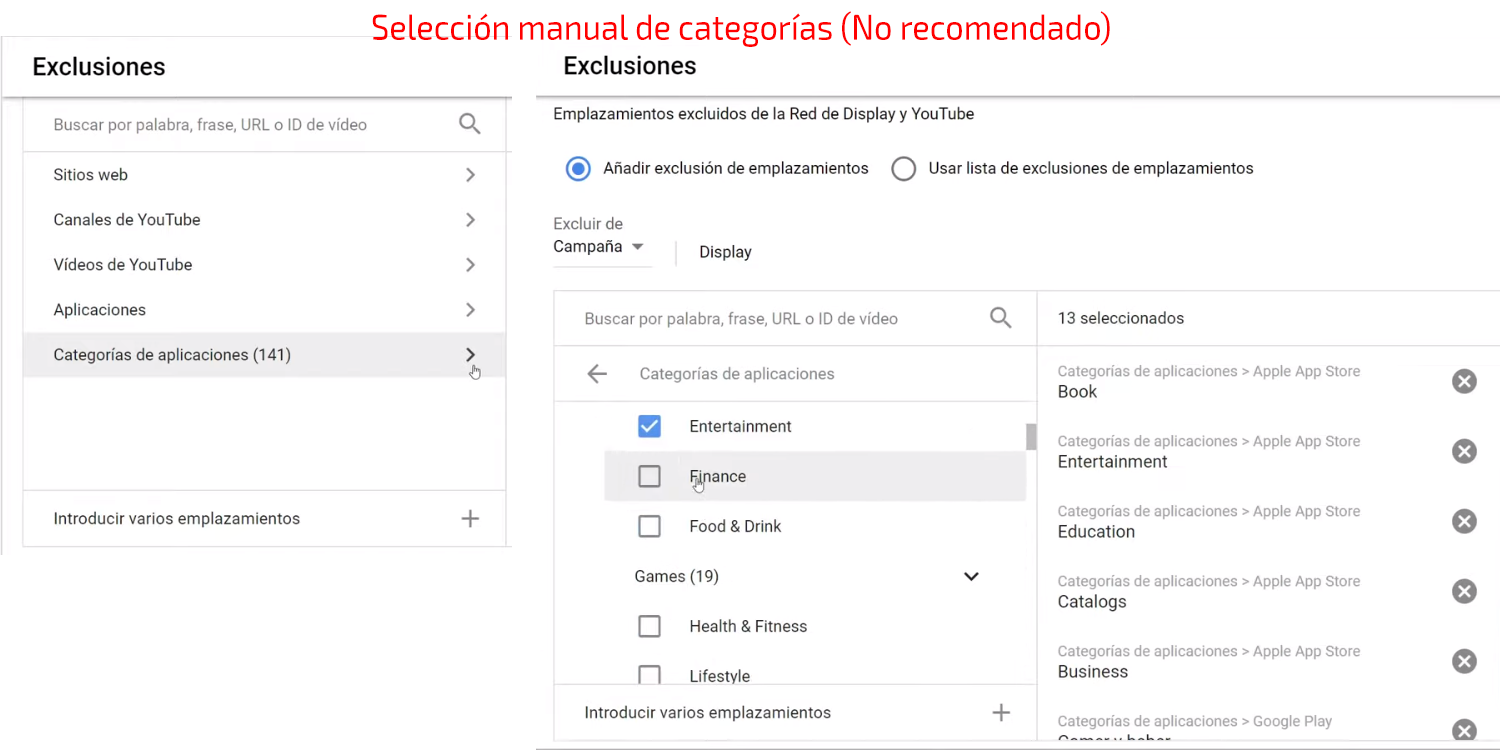 Excluir emplazamientos por categorías (No recomendado)