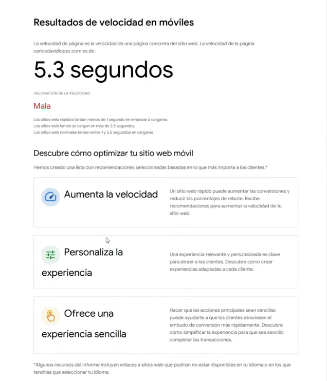 Informe en PDF de Google Test My Site