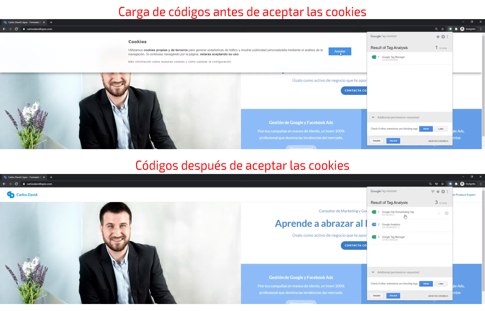 Verificación de la carga de códigos al aceptar las cookies