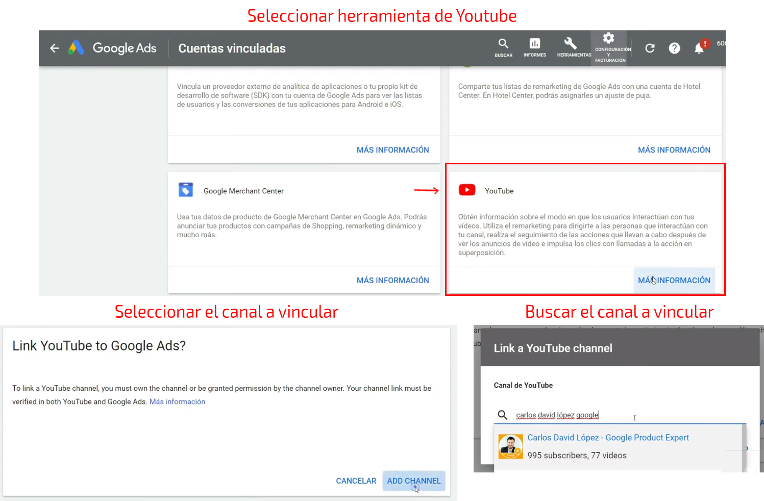 Selección del canal de YouTube a vincular Google Ads