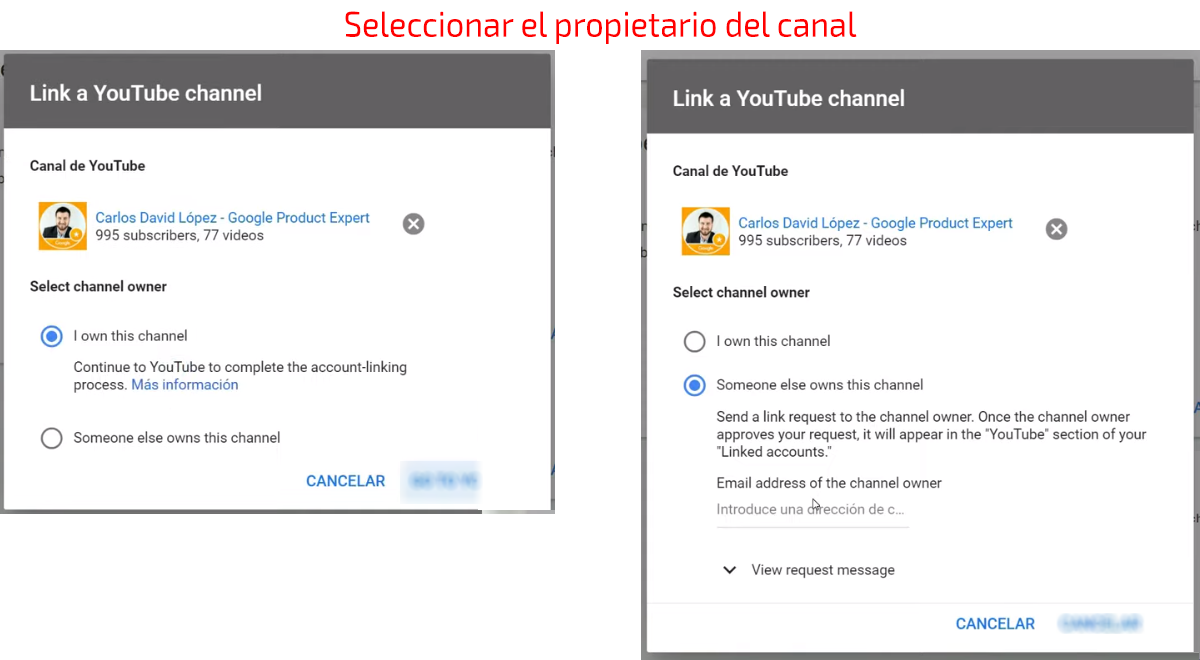 Elegir el propietario del canal de YouTube