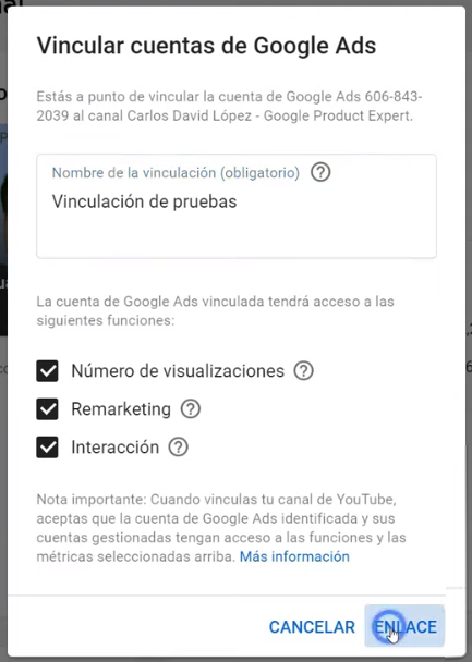 Opciones de vinculación en Youtube