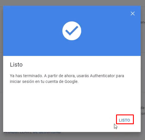 Autenticación en dos pasos Google activada