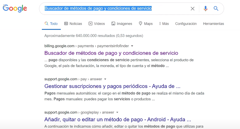 Buscador métodos de pago Google Ads