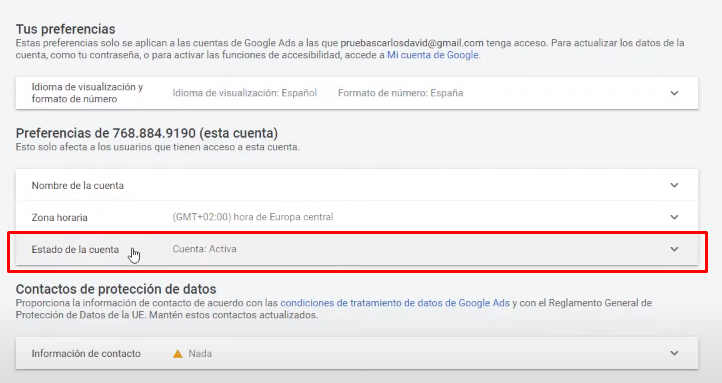 Estado de la cuenta Google Ads