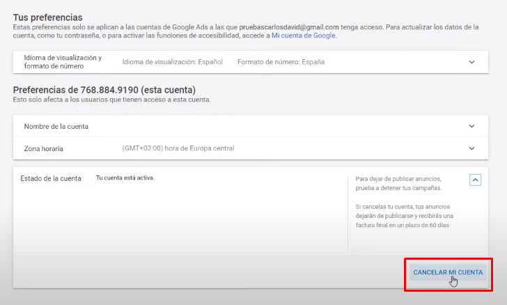 Cancelar cuenta de Google Ads