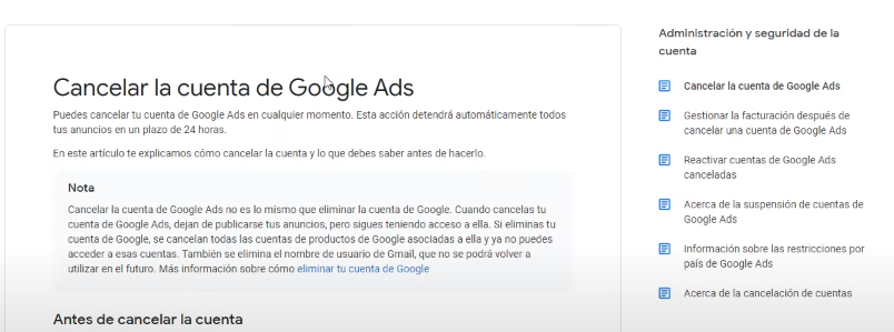 Información eliminar cuenta de Google Ads