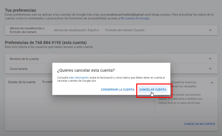 Eliminar cuenta de Google Ads