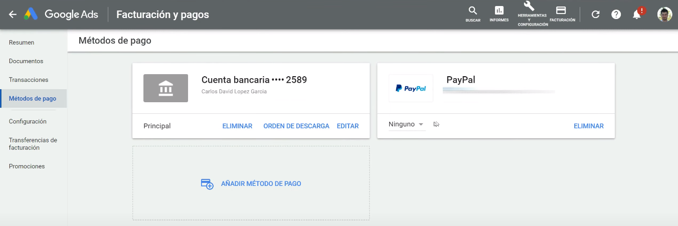 PayPal añadido en cuenta Google Ads