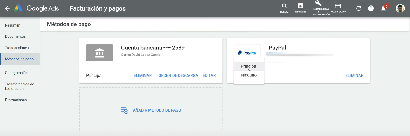 PayPal método de pago principal