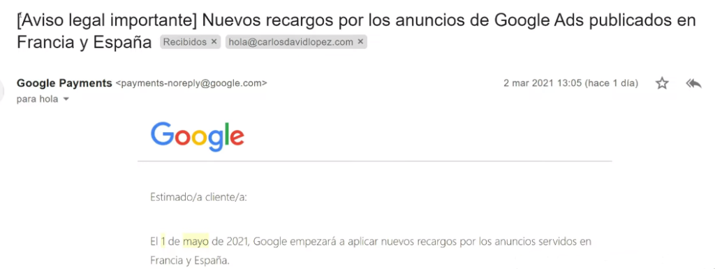 Aviso legal importante Nuevos recargos por los anuncios de Google Ads