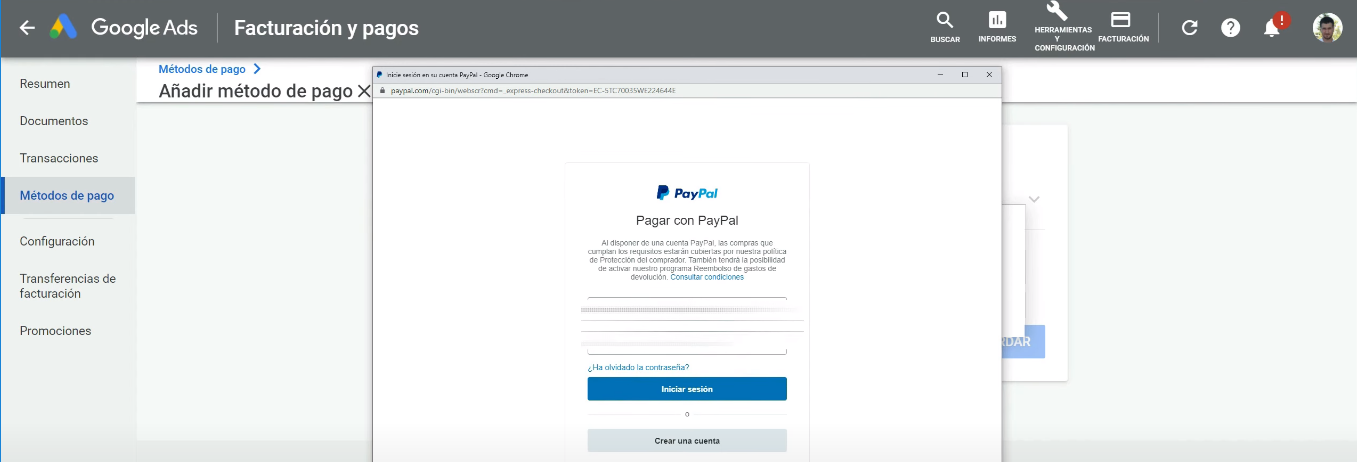 Inicio de sesión PayPal en Google Ads