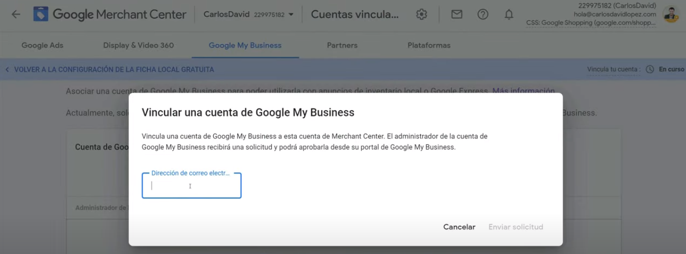 Correo cuenta Shopping Google My Business