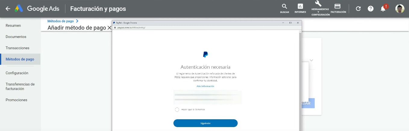 Autenticación PayPal Google Ads