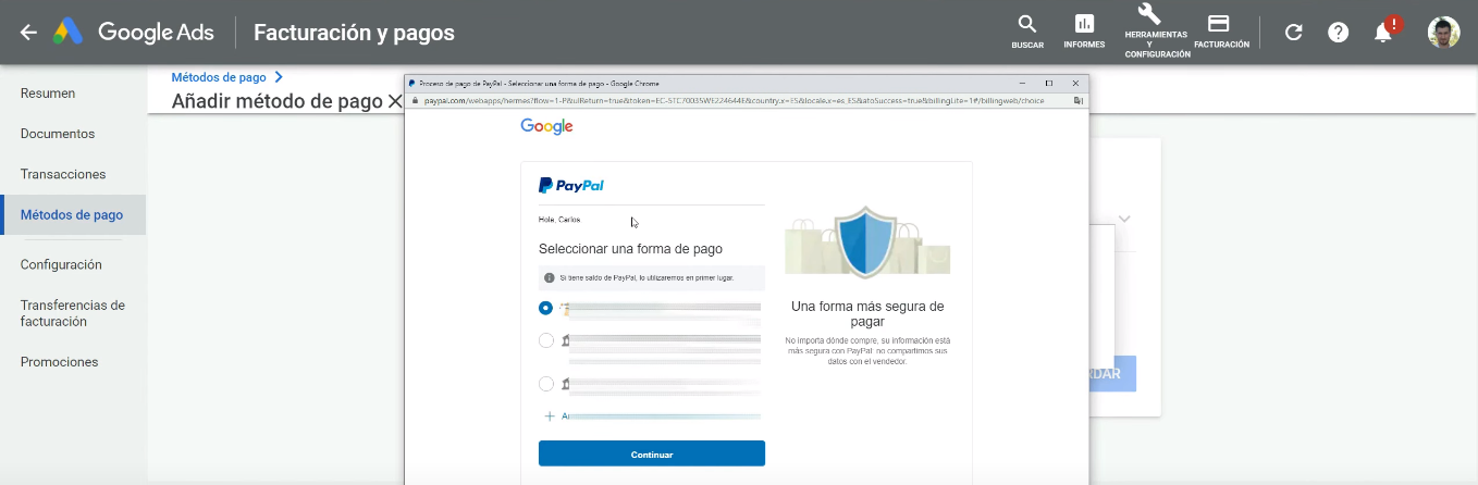 Seleccionar método de pago PayPal