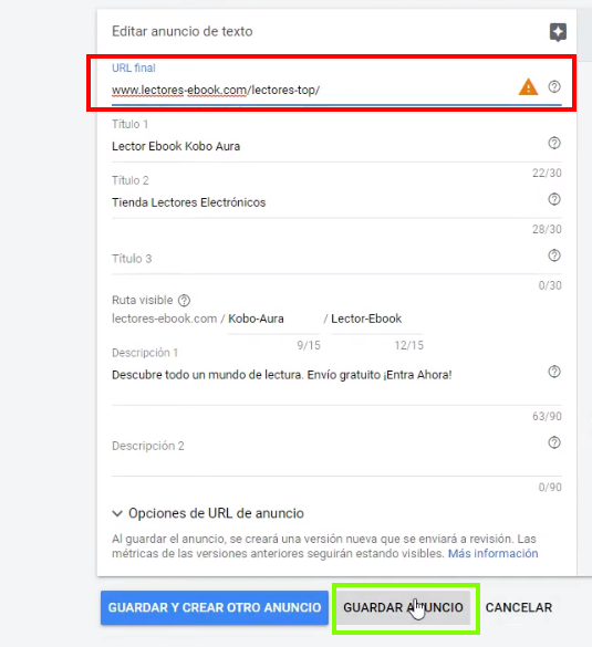 Modificar URL de anuncio Google Ads