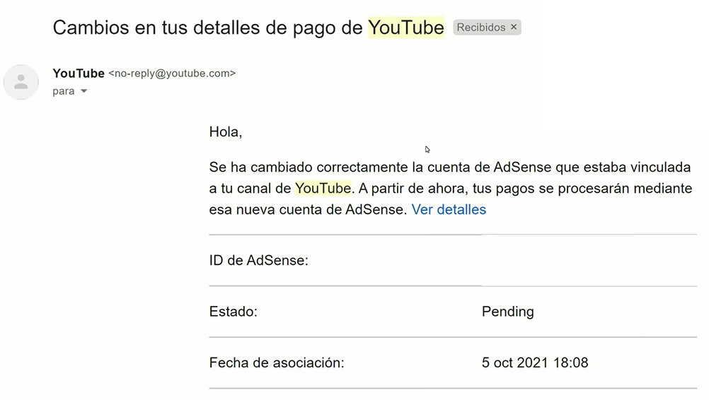 Primer correo del proceso de asociación de YouTube