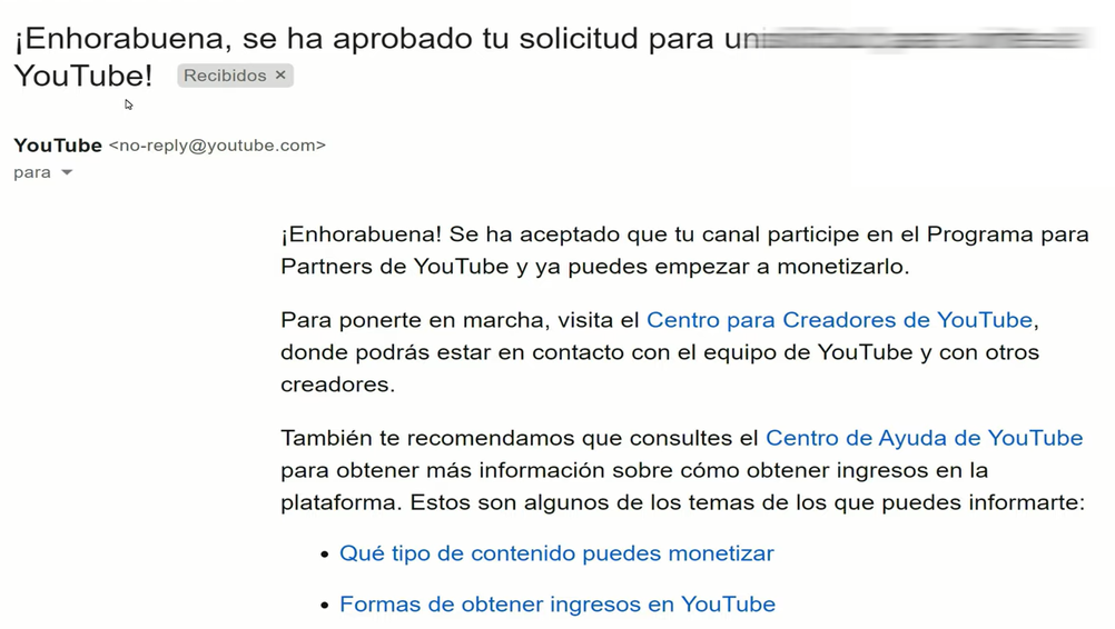 Segundo correo de vinculación con la cuenta de YouTube