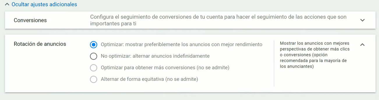 Configurar campaña de búsqueda - Ajustes adicionales